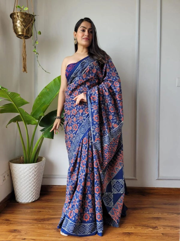 Niralisa pink soft linen cotton saree with hand block printed work