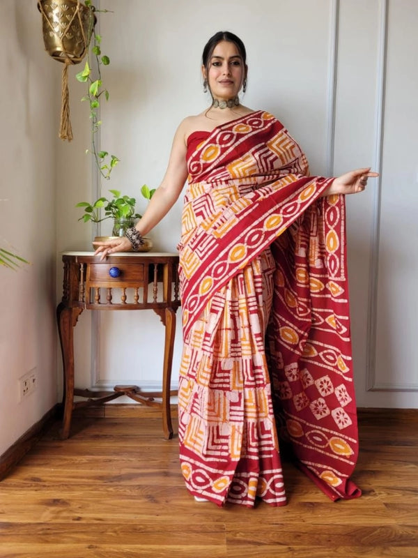 Niralisa pink soft linen cotton saree with hand block printed work