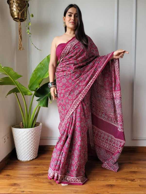 Niralisa pink soft linen cotton saree with hand block printed work