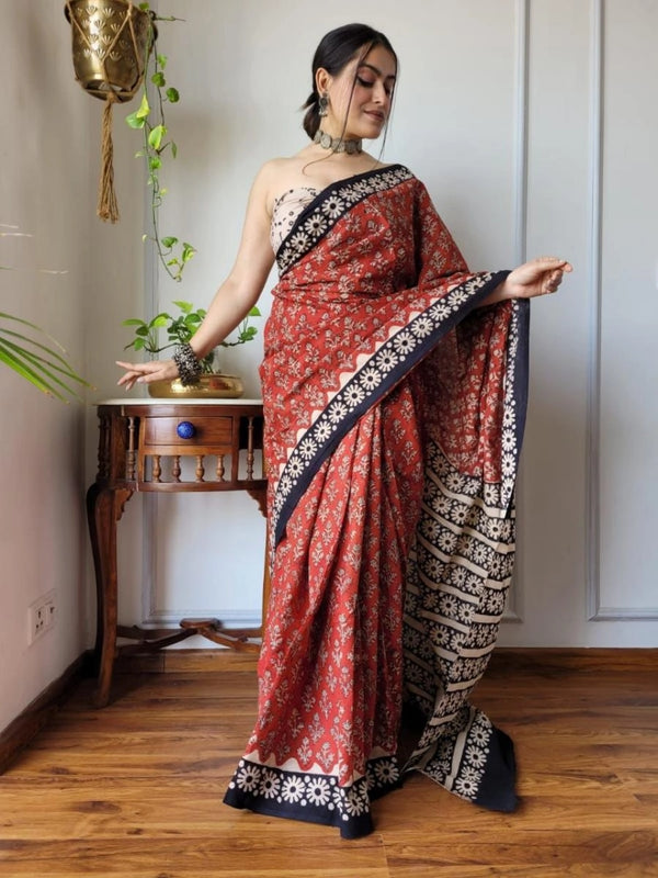 Niralisa pink soft linen cotton saree with hand block printed work