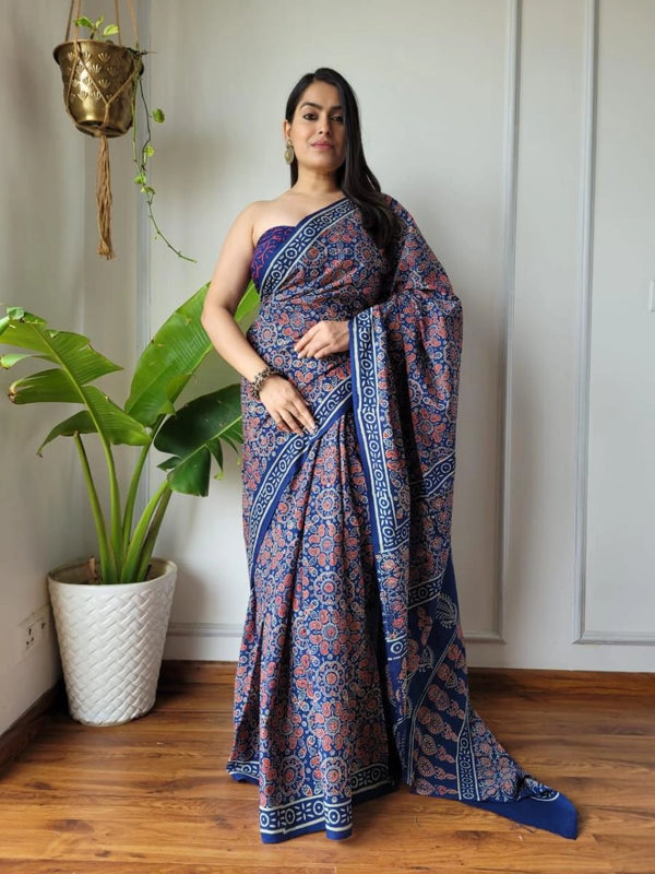 Niralisa pink soft linen cotton saree with hand block printed work