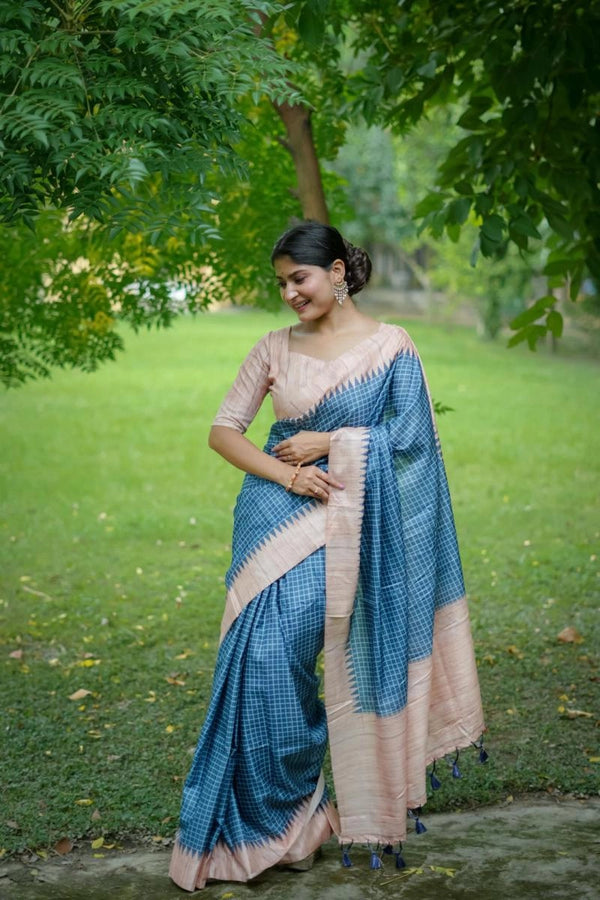 Laxipatita Tussar Silk Saree With Cheks Weaving Work