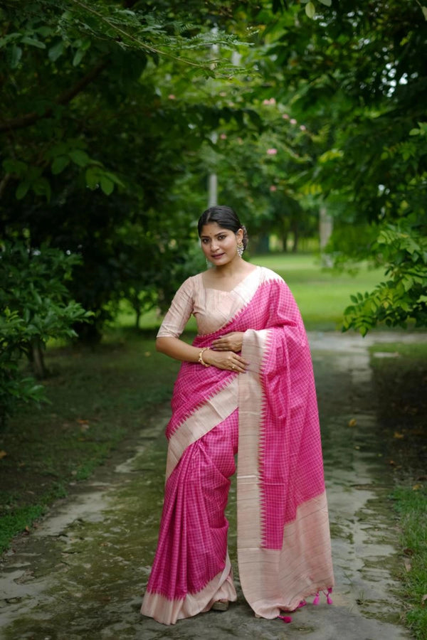 Laxipatita Tussar Silk Saree With Cheks Weaving Work