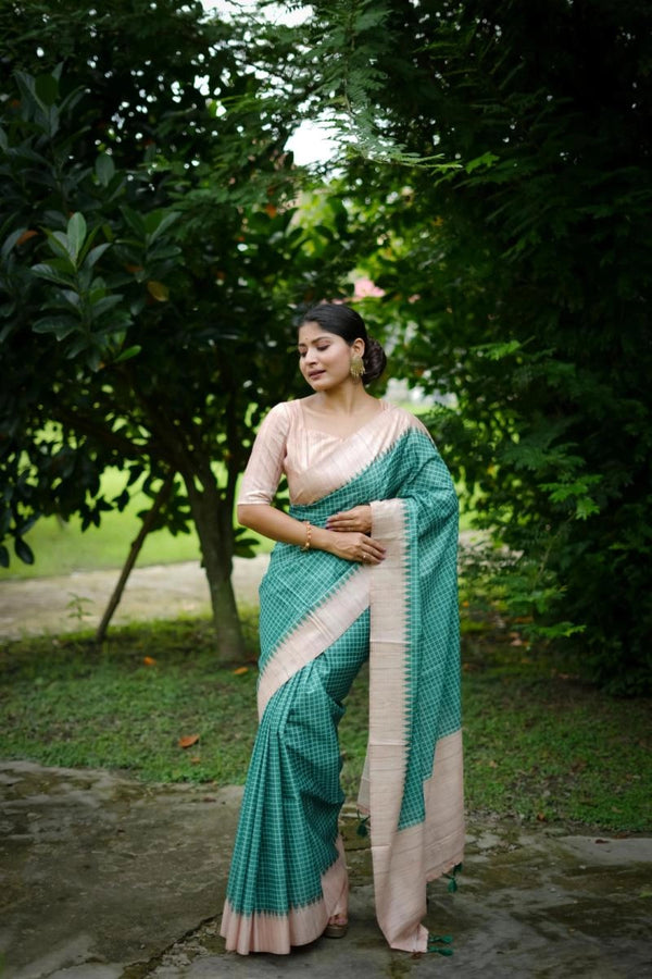 Laxipatita Tussar Silk Saree With Cheks Weaving Work