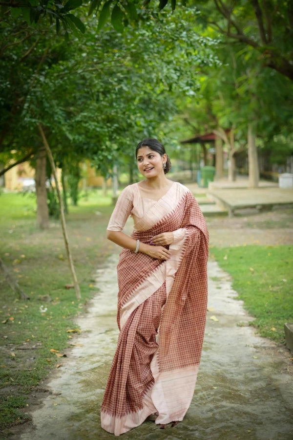 Laxipatita Tussar Silk Saree With Cheks Weaving Work