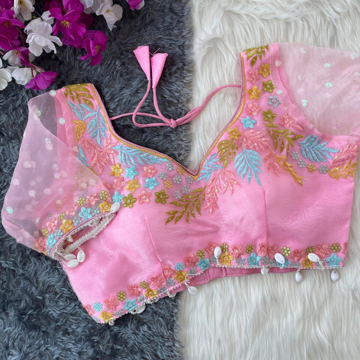 Baby pink fancy heavy net readymade blouse with embroidery work