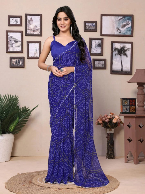 Mayurita bandhej printed georgette saree with lace border
