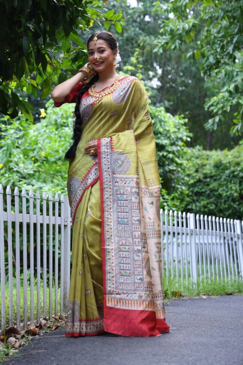 Kanikaa Madhubani Printed Soft Tussar Silk Saree aree