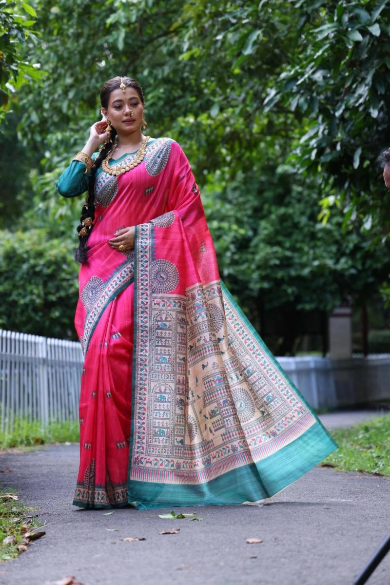 Kanikaa Madhubani Printed Soft Tussar Silk Saree aree