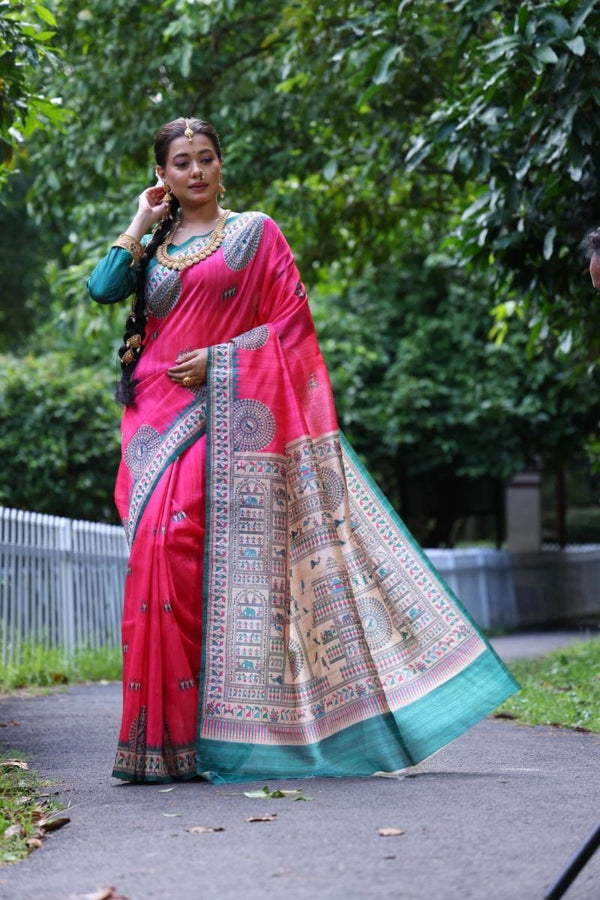 Kanikaa Madhubani Printed Soft Tussar Silk Saree aree