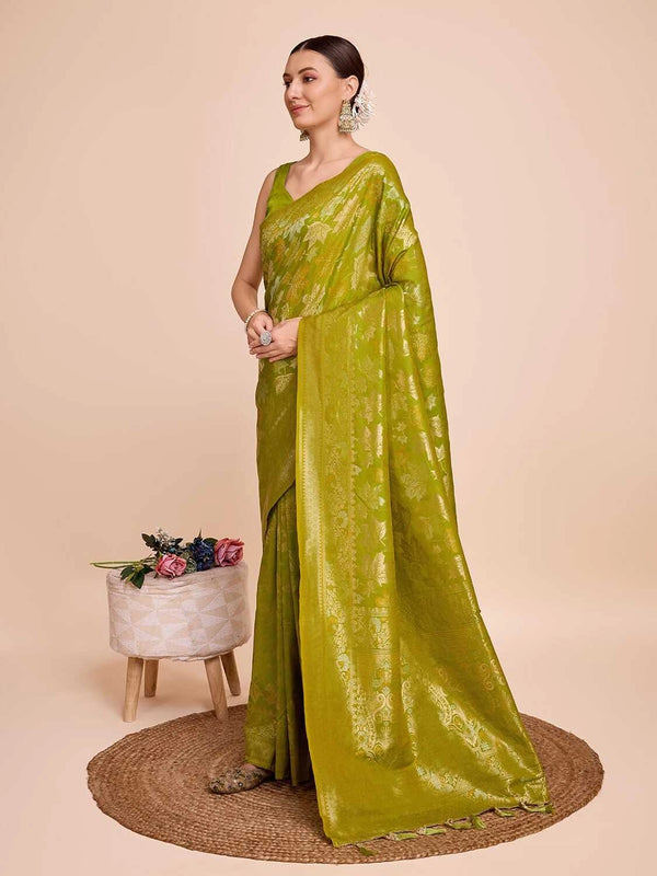 Golden & copper zari weaving with mahendi green color soft silk banarasi saree