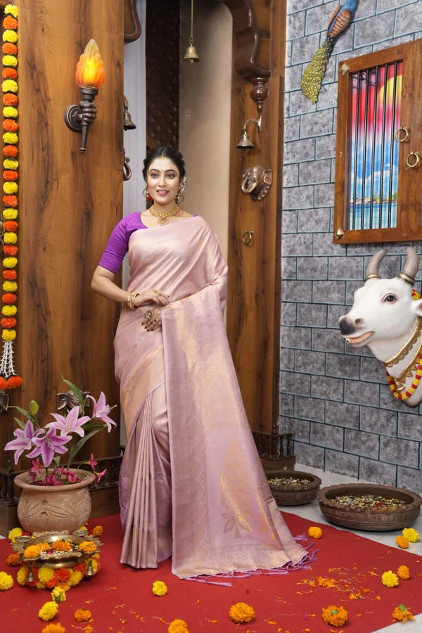Lavender color kanjivaram silk saree with zari weaving work
