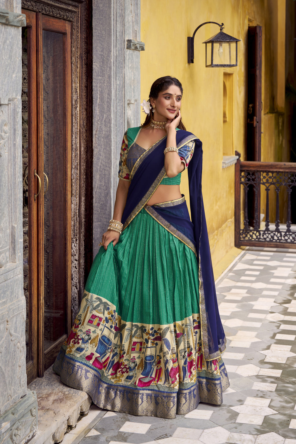 Traditional Kalamkari Printed Lehenga in Poly Chanderi with Zari Work & Georgette Dupatta