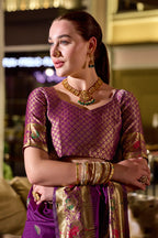 Traditional magenta paithani silk saree with zari weaving work