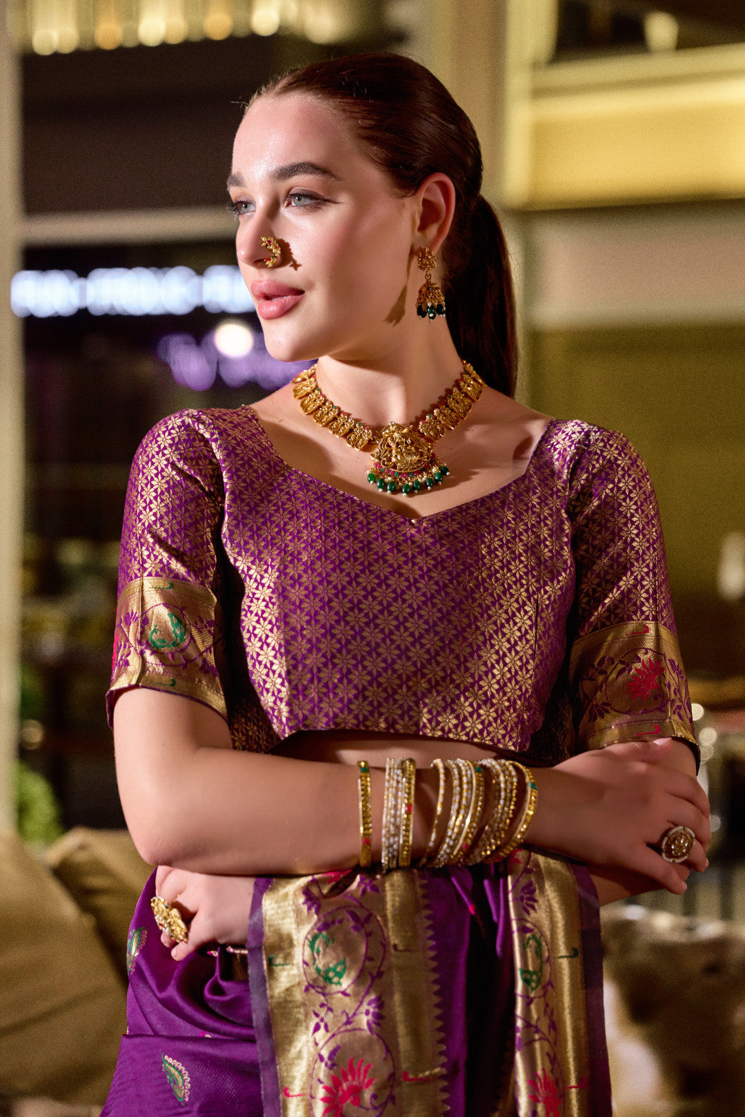 Traditional magenta paithani silk saree with zari weaving work