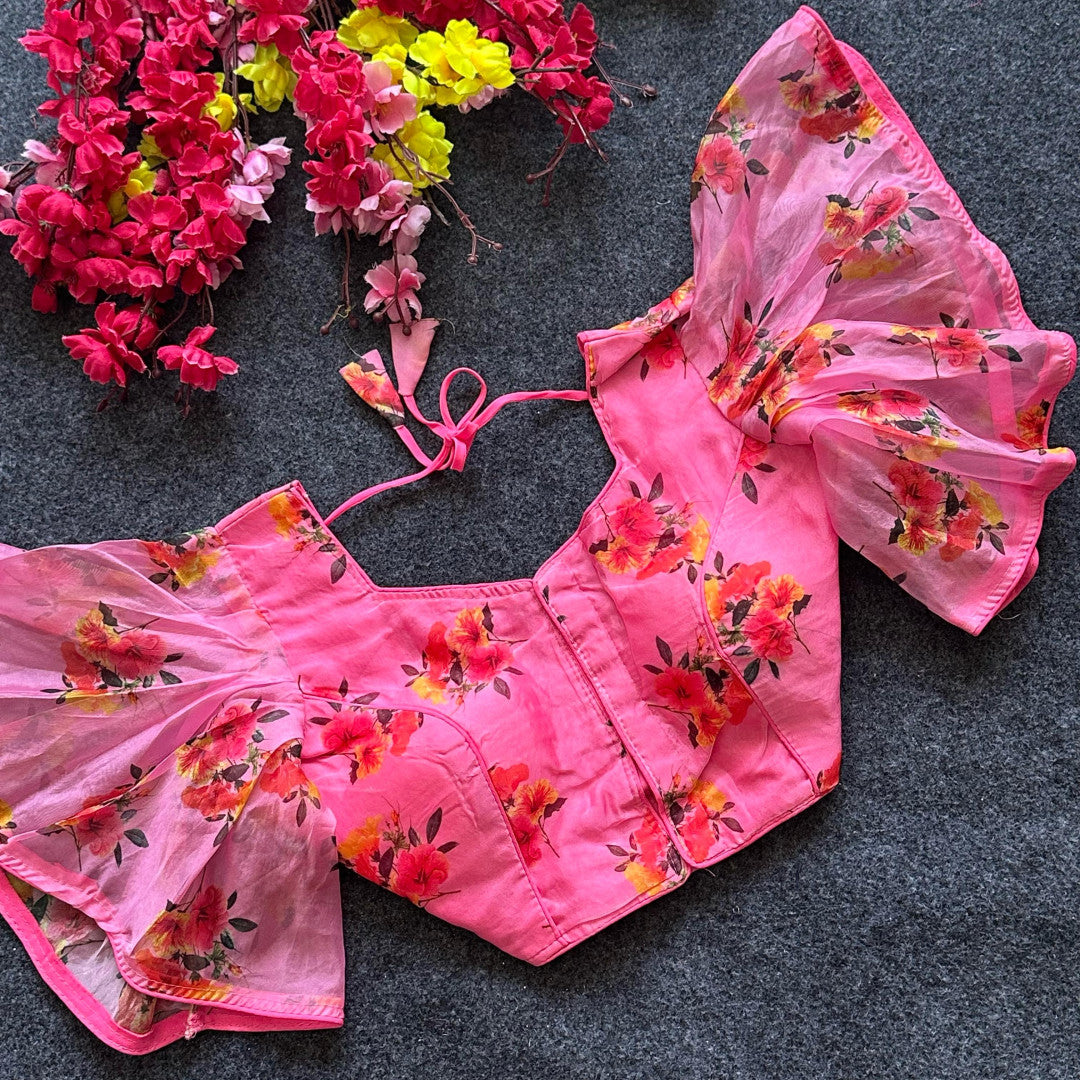 Pink pure organza readymade blouse with printed work