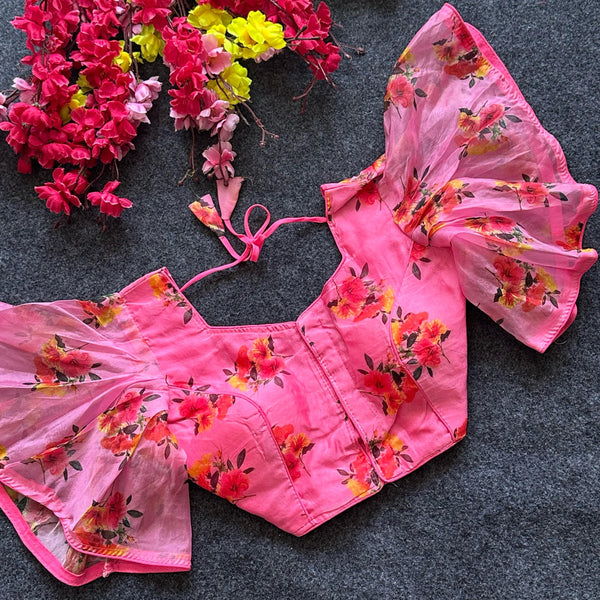 Pink pure organza readymade blouse with printed work