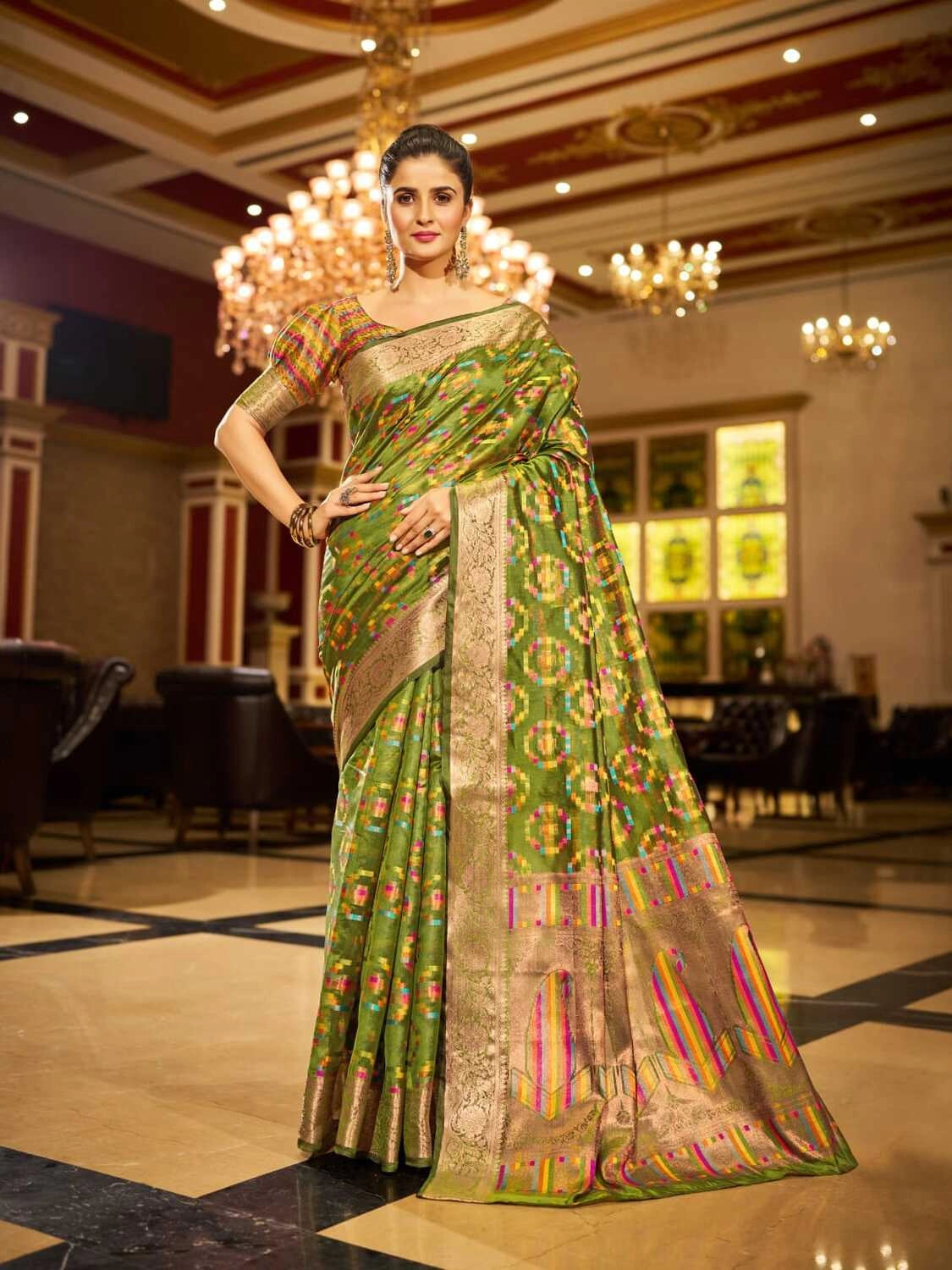Mahendi green soft organza silk saree with zari weaving work