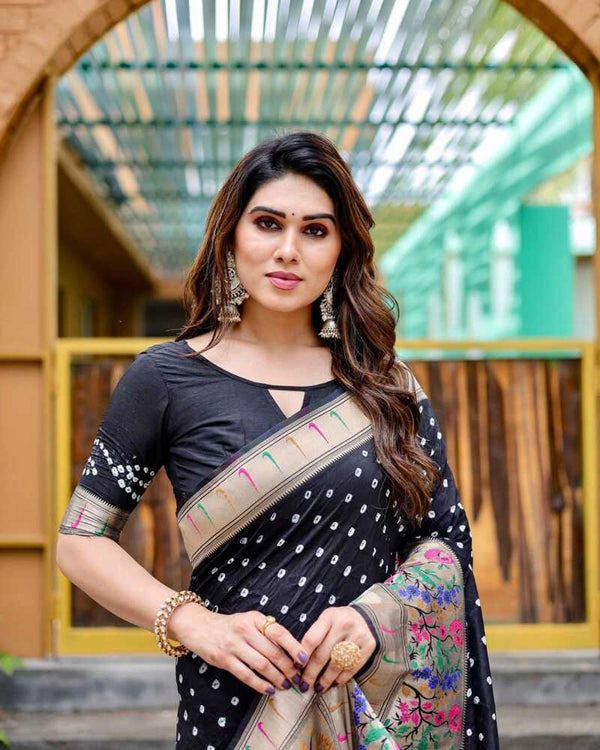 Black color bandhej silk saree with zari weaving work