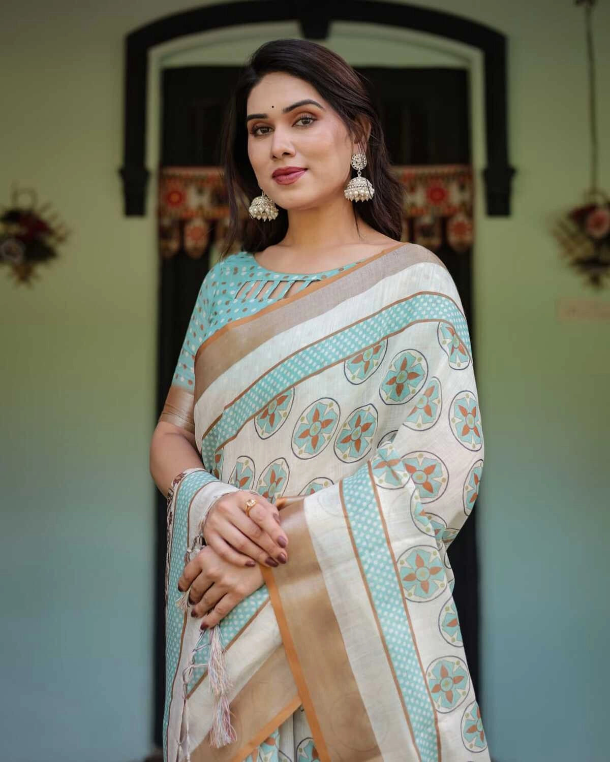 Multi summer special digital printed linen cotton saree