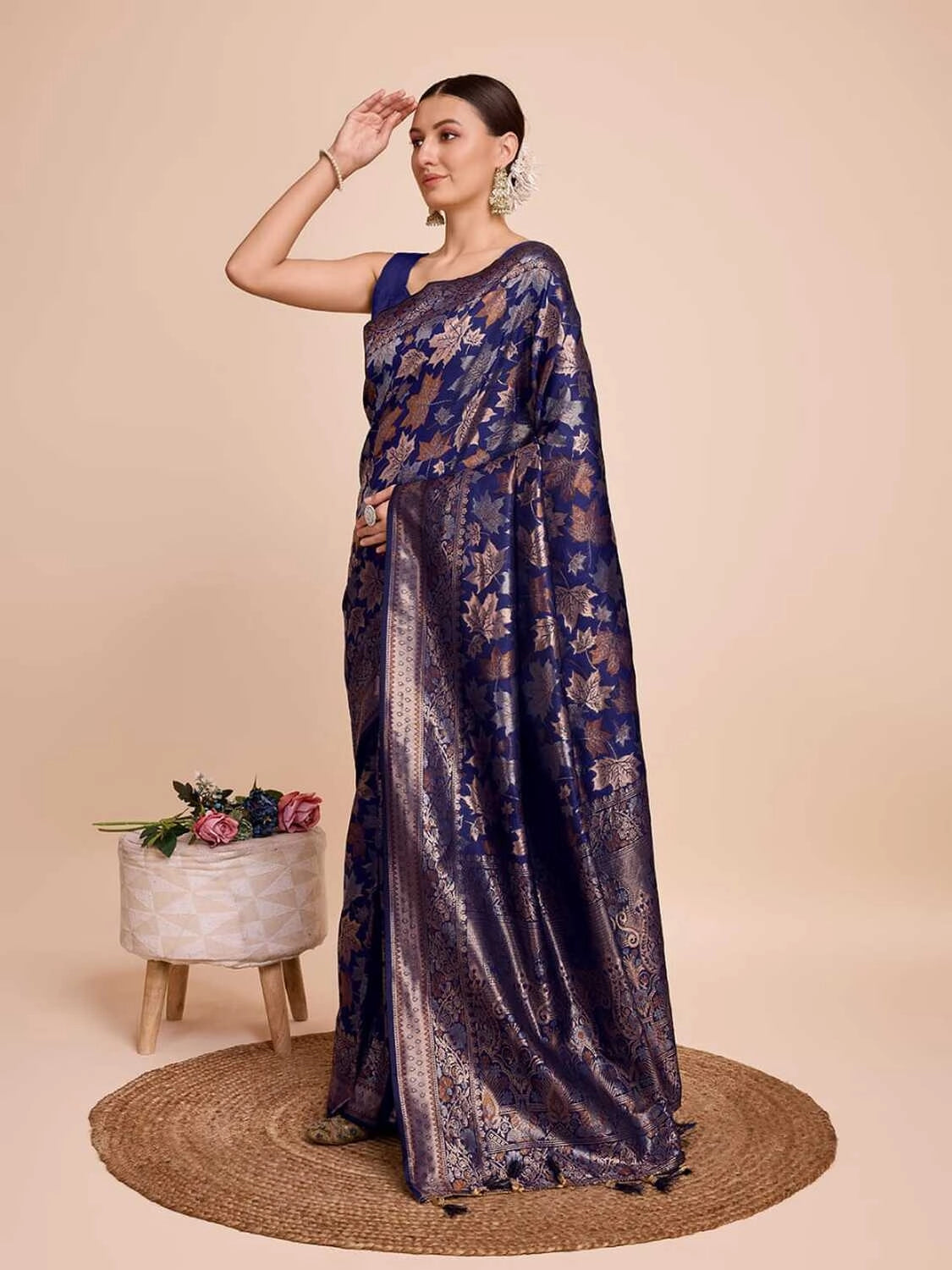 Golden & copper zari weaving with navy blue color soft silk banarasi saree
