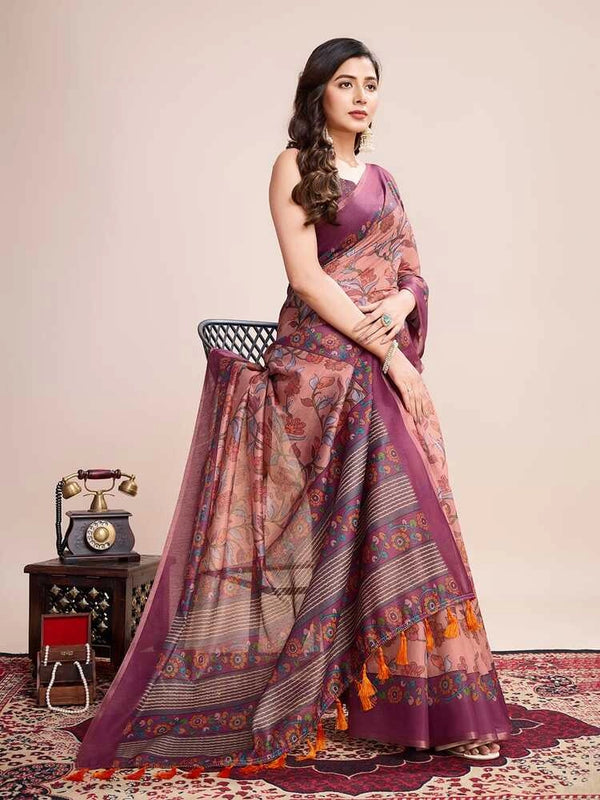 Multi soft linen cotton saree with kalamkari printed work