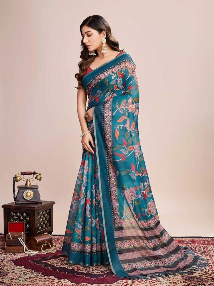 Rama green soft linen cotton saree with kalamkari digital printed work