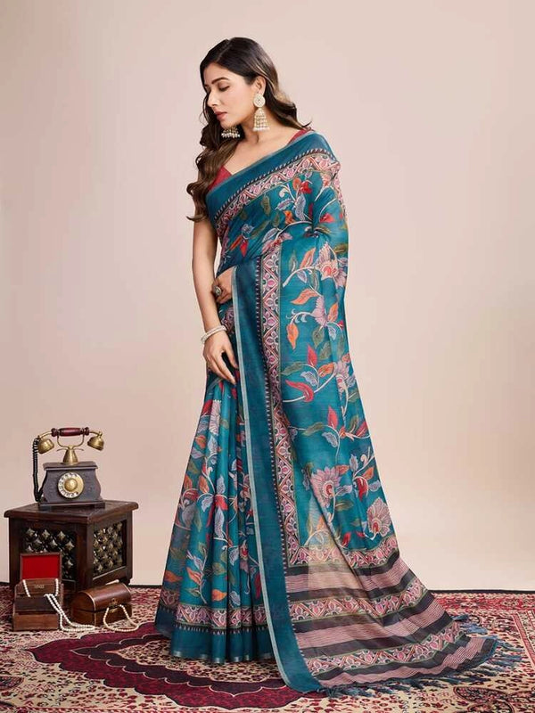 Rama green soft linen cotton saree with kalamkari digital printed work