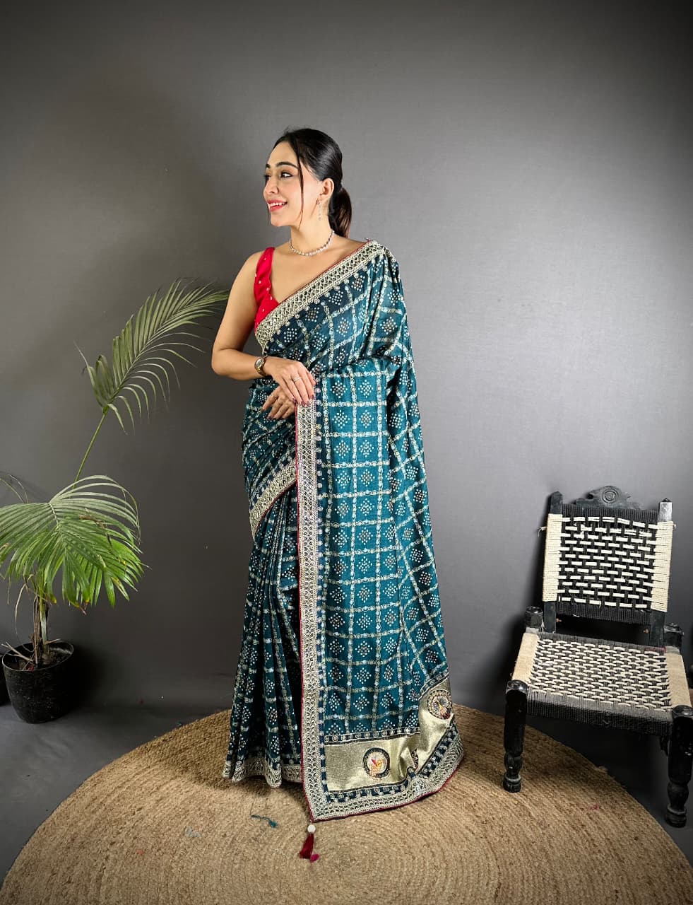 Firoji traditional blooming vichitra khadi bandhej silk saree with sequence work&nbsp;