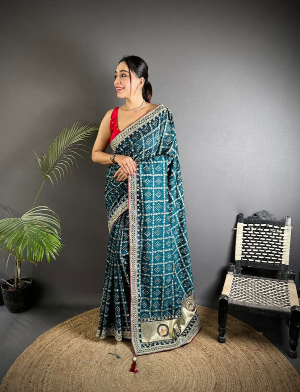 Firoji traditional blooming vichitra khadi bandhej silk saree with sequence work&nbsp;