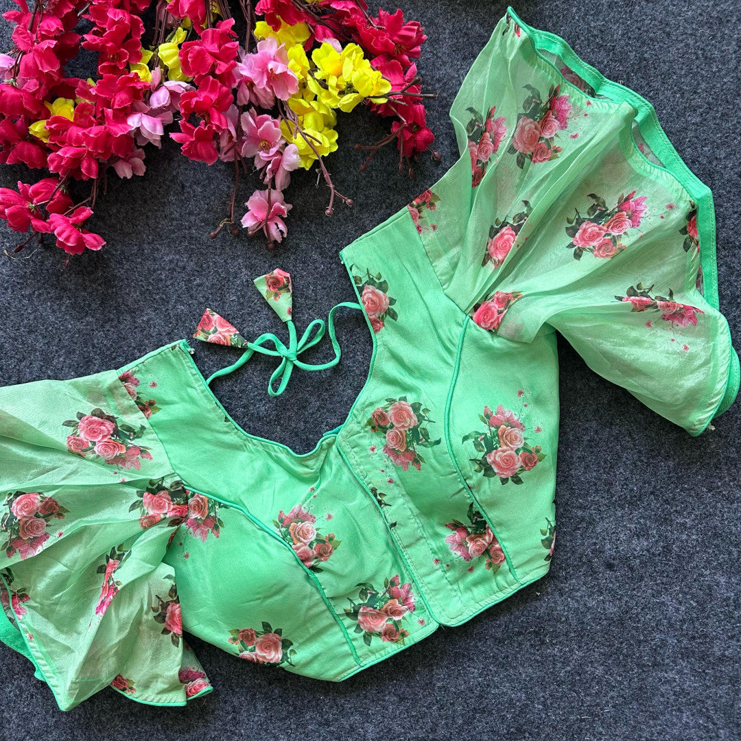 Pista green pure organza readymade blouse with printed work