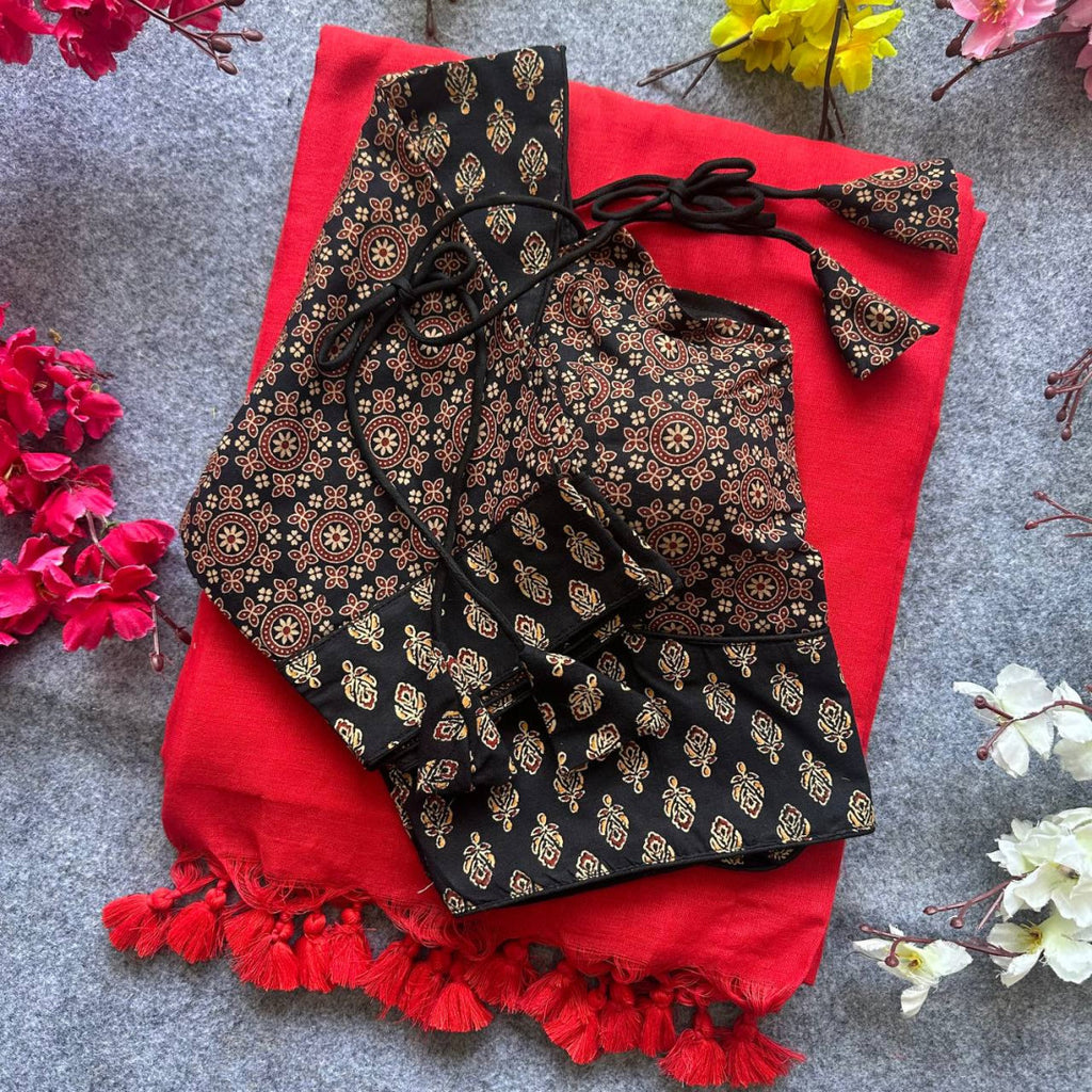 Black colour ajarakh printed cotton readymade blouse