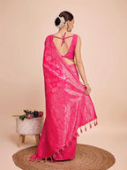 Golden & copper zari weaving with pink color soft silk banarasi saree