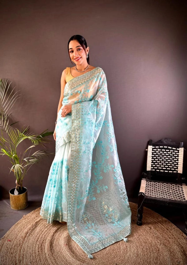 Party wear Premium organza silk saree with embroidery work