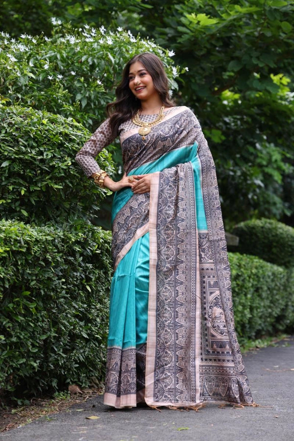 Vsitana madhubani printed premium tussar silk saree