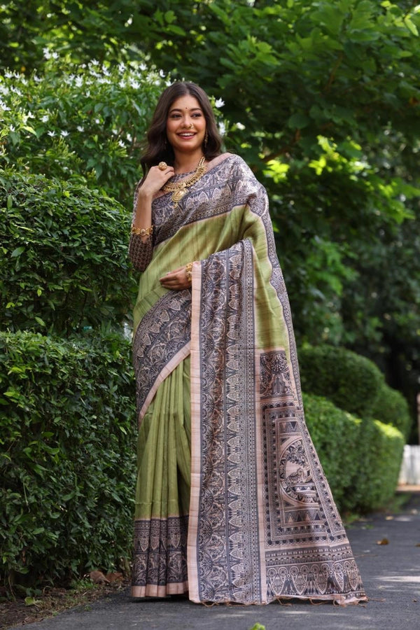 Vsitana madhubani printed premium tussar silk saree