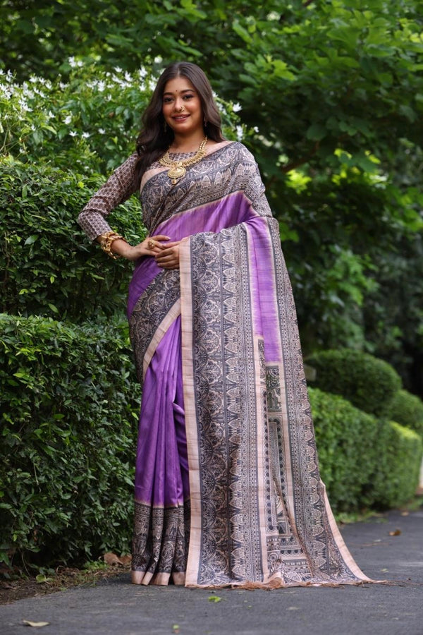 Vsitana madhubani printed premium tussar silk saree