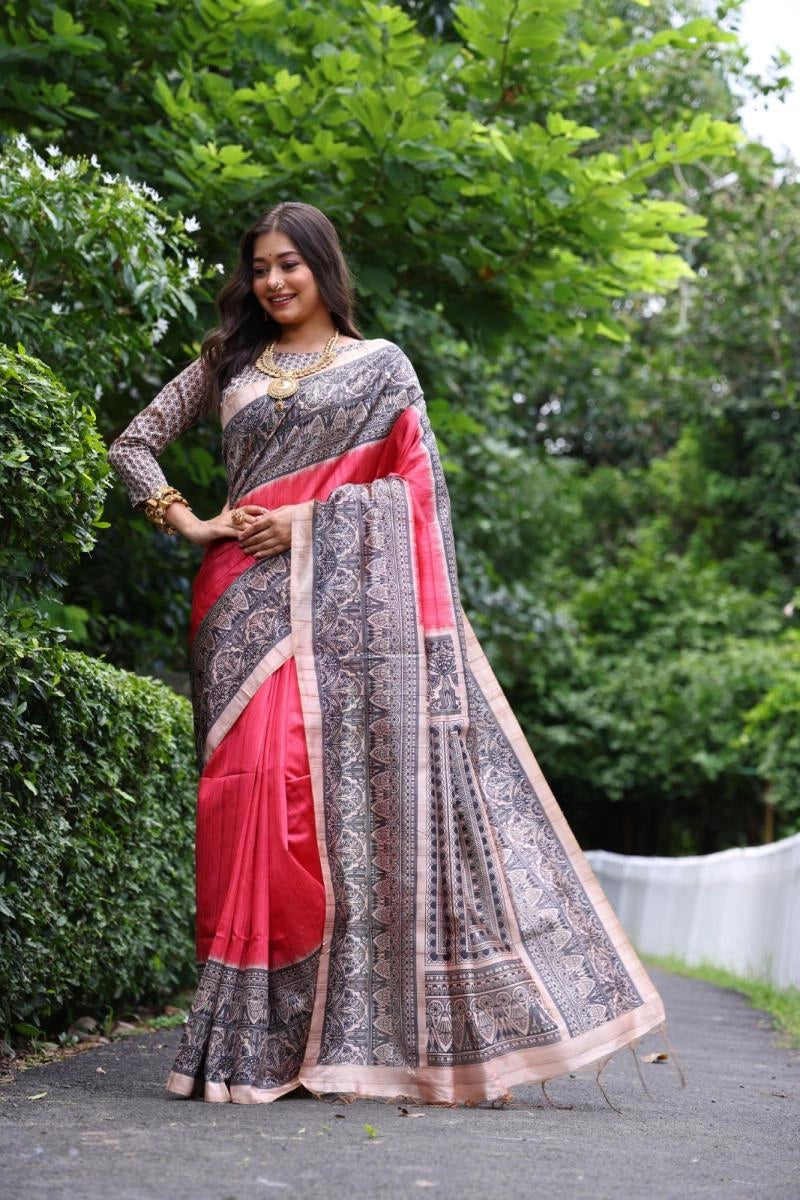 Vsitana madhubani printed premium tussar silk saree