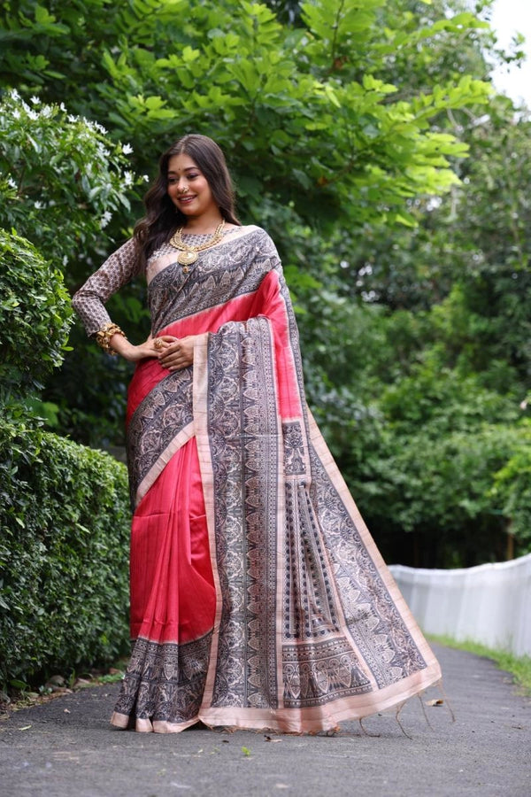 Vsitana madhubani printed premium tussar silk saree