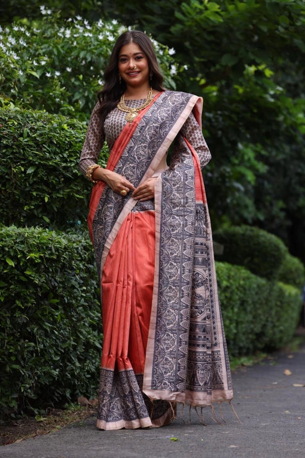 Vsitana madhubani printed premium tussar silk saree