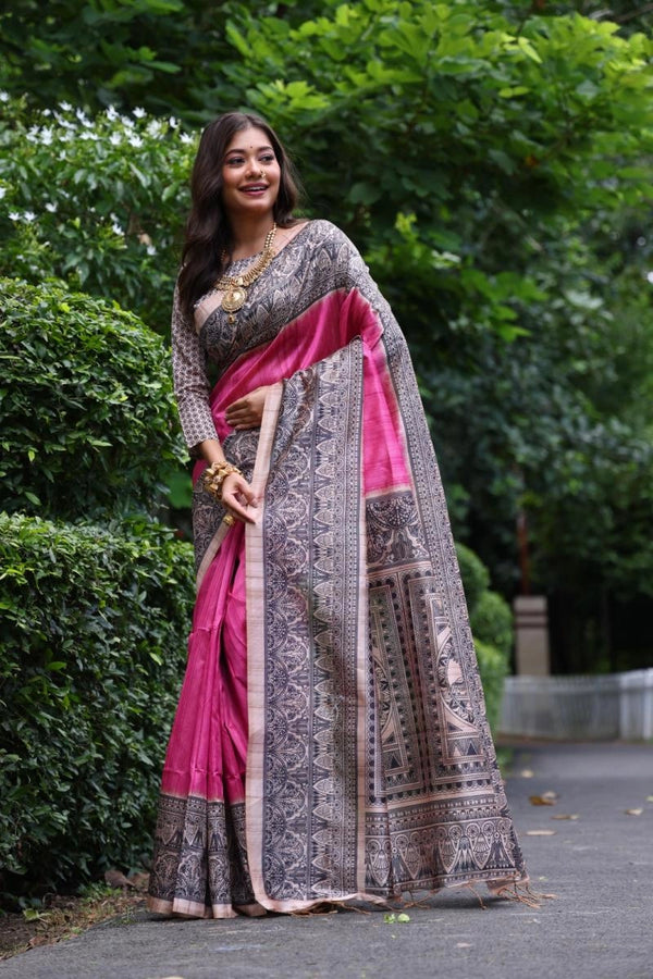 Vsitana madhubani printed premium tussar silk saree