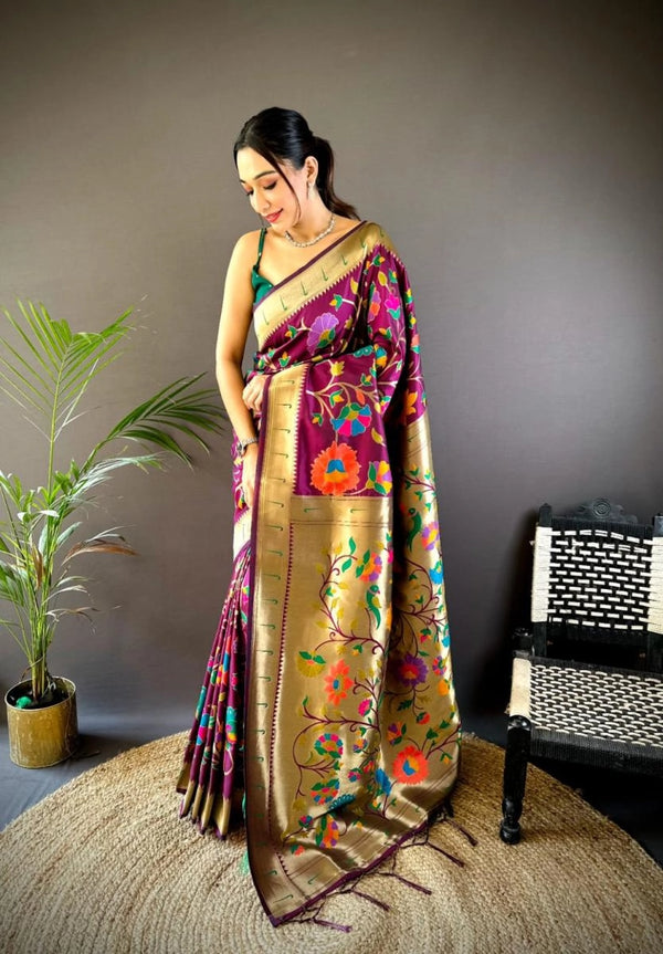 Rangal paithani traditional banarasi silk saree with jal meenakari zari weaving work