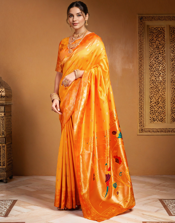 Traditional orange paithani silk saree with zari weaving work