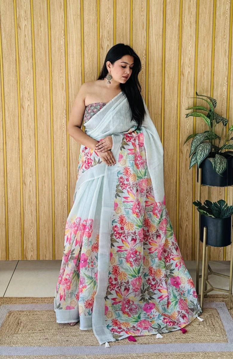 Mayuree floral digital printed soft linen cotton saree