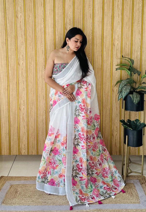 Mayuree floral digital printed soft linen cotton saree