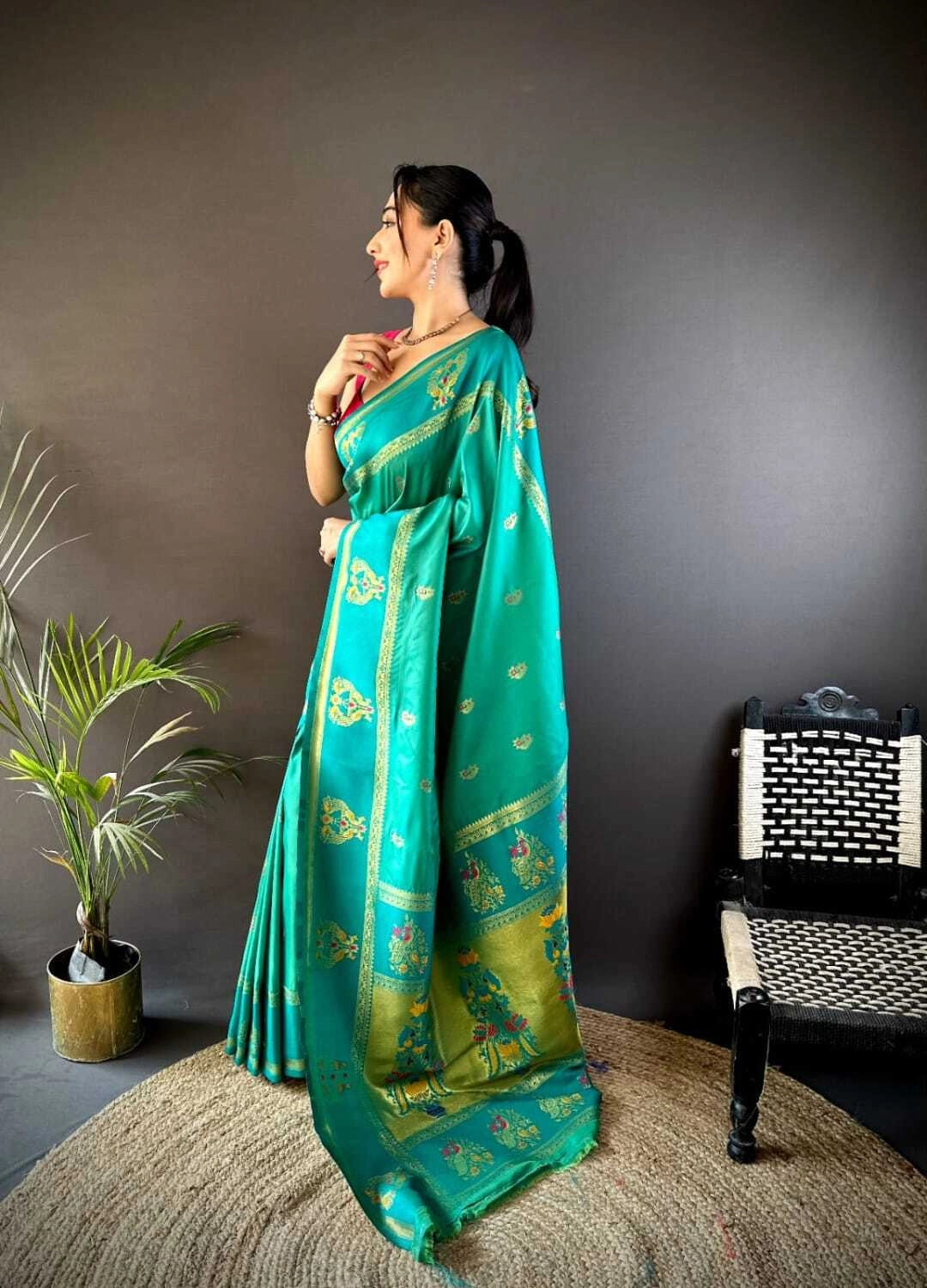 Rama green traditional paithani silk saree with meenakari zari weaving work