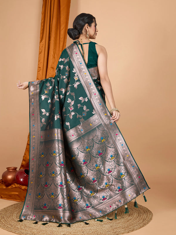 Dark green premium banarasi silk saree with meenakari zari weaving work
