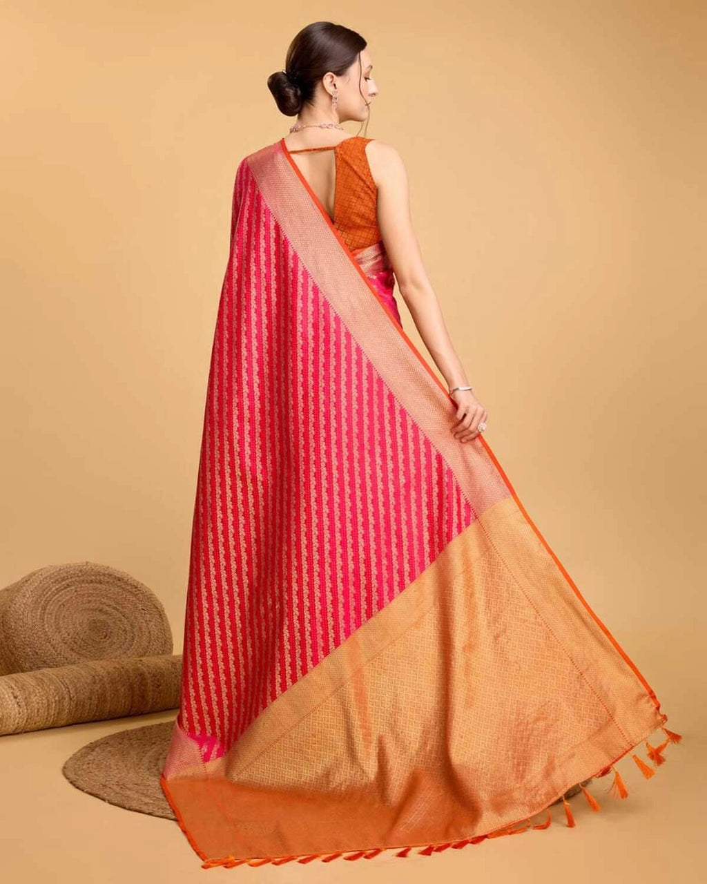 Pink color kanchipuram silk saree with zari woven work