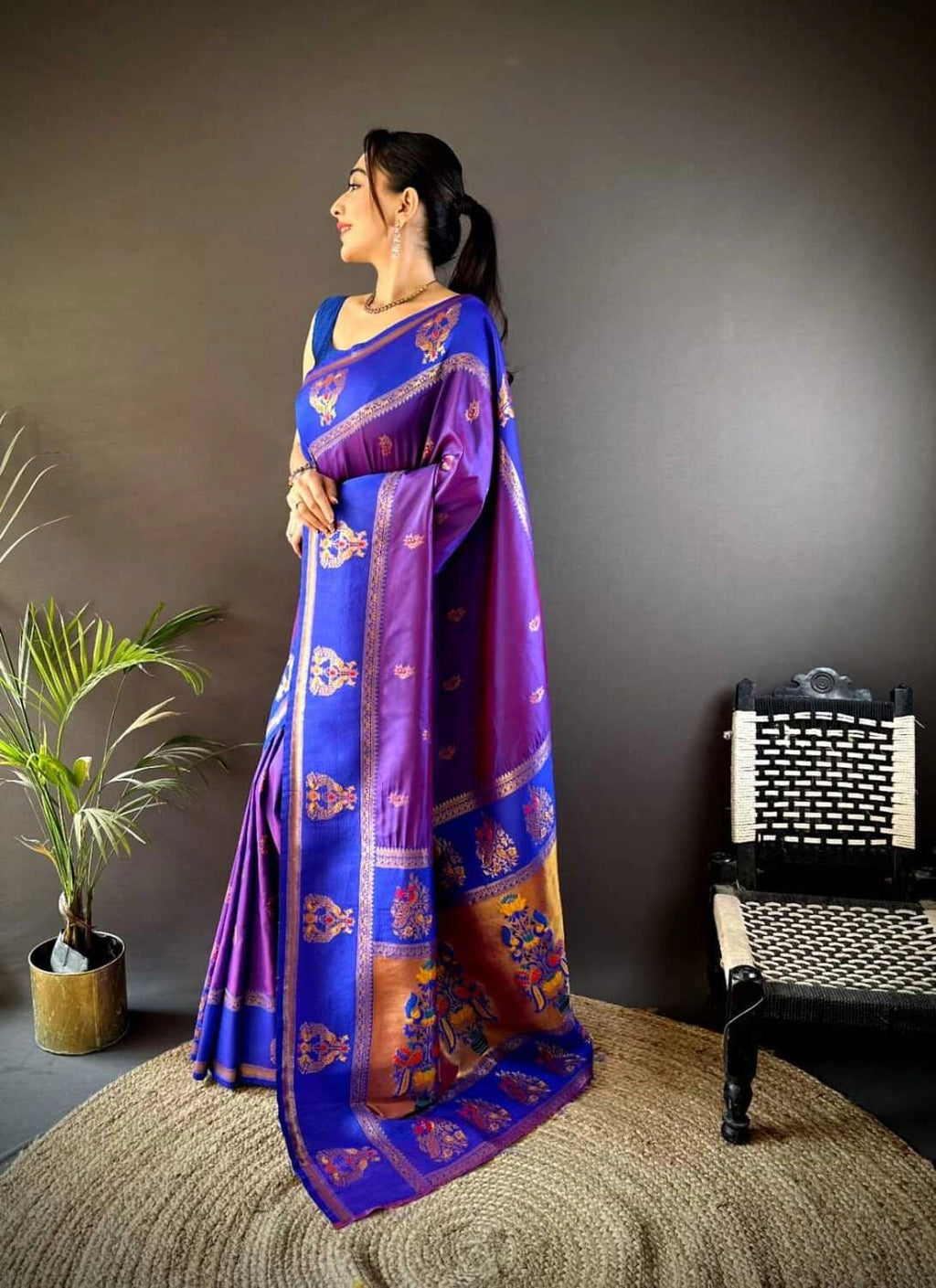 Purple traditional paithani silk saree with meenakari zari weaving work