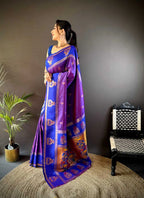 Purple traditional paithani silk saree with meenakari zari weaving work